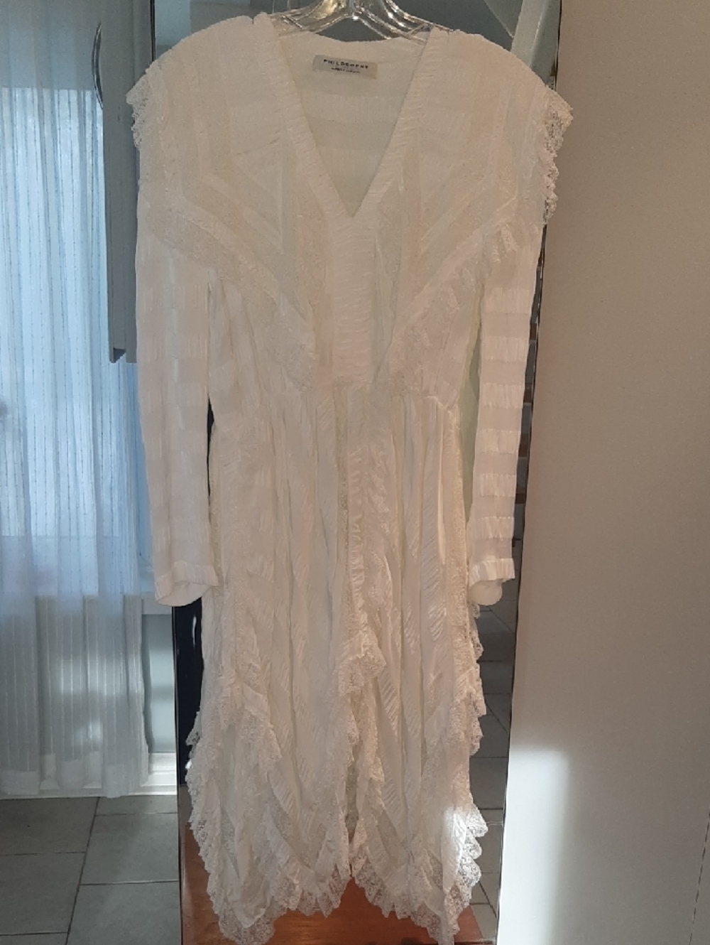 NWOT Orig $1,380 Philosophy🤍di Lorenzo Serafini White Lace Strip High-Low Sz 4 - Picture 5 of 16